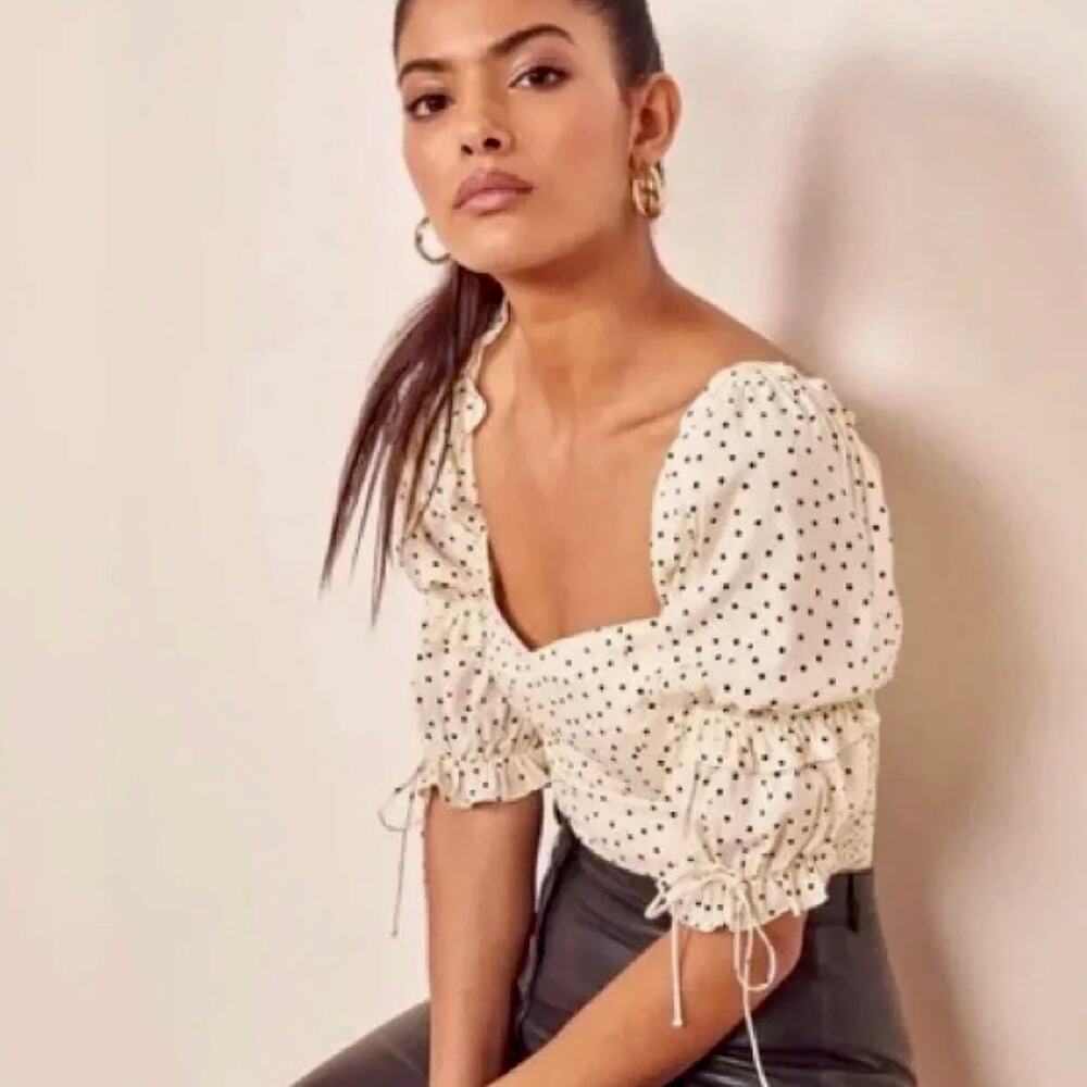 Reformation Nina Polka Dot Puff Sleeve Blouse – Cream/Black